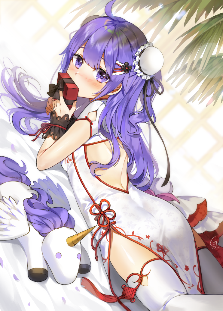 ahoge ass azur_lane back_cutout backless_dress backless_outfit bangs bare_back bed_sheet blush box china_dress chinese_clothes commentary covered_mouth double_bun dress dutch_angle flower_knot gift gift_box gijang hair_ornament holding long_hair looking_at_viewer lying on_stomach purple_eyes purple_hair solo stuffed_alicorn stuffed_animal stuffed_toy tassel thighhighs unicorn_(azur_lane) white_legwear