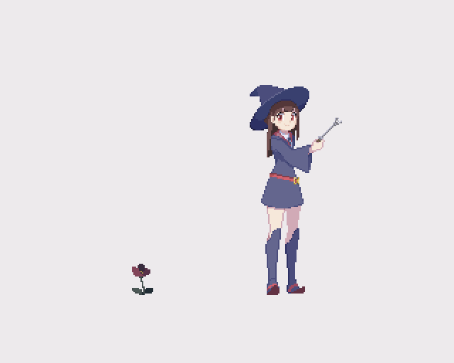 animated animated_gif belt blinking blue_hat blue_legwear brown_hair carnivorous_plant grey_background growth hat kagari_atsuko kneehighs little_witch_academia long_hair long_sleeves magic open_mouth pixel_art red_eyes saino scared school_uniform smile solo standing surprised wand witch witch_hat