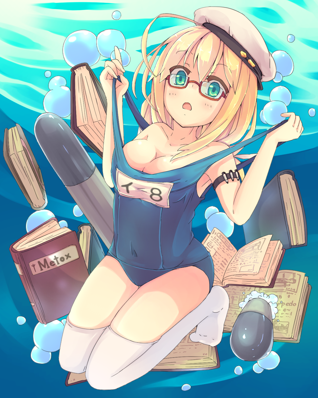 air_bubble blonde_hair blue_eyes book breasts bubble cleavage glasses hat highres i-8_(kantai_collection) kantai_collection low_twintails medium_breasts name_tag ocean one-piece_swimsuit open_mouth peaked_cap red-framed_eyewear sailor_hat school_swimsuit semi-rimless_eyewear solo swimsuit thighhighs torpedo twintails underwater white_legwear woruta_(soloistlist)