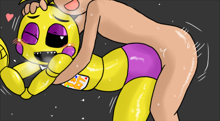 &lt;3 all_fours anthro avian bib blush clothed clothed_sex clothing doggystyle english_text enigi09 eyeshadow feathers five_nights_at_freddy's five_nights_at_freddy's_2 from_behind_position happy happy_sex makeup panties sex text toy_chica_(fnaf) underwear video_games yellow_feathers