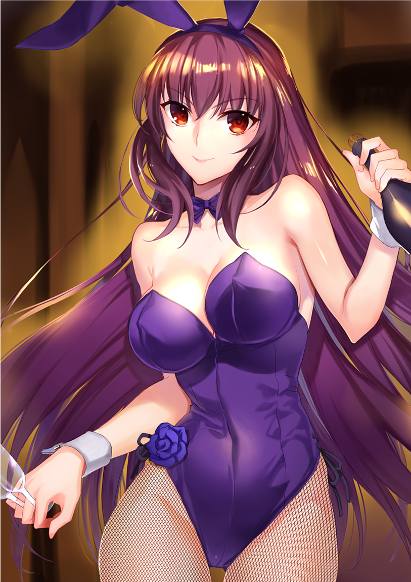 alcohol animal_ears bottle bow bowtie breasts bunny_ears bunnysuit cleavage commentary_request cup drinking_glass fate/grand_order fate_(series) fishnet_pantyhose fishnets flower hairband large_breasts leotard long_hair looking_at_viewer pantyhose purple_hair purple_hairband purple_leotard red_eyes scathach_(fate)_(all) scathach_(fate/grand_order) smile solo strapless strapless_leotard wine wine_glass wrist_cuffs ycco_(estrella)