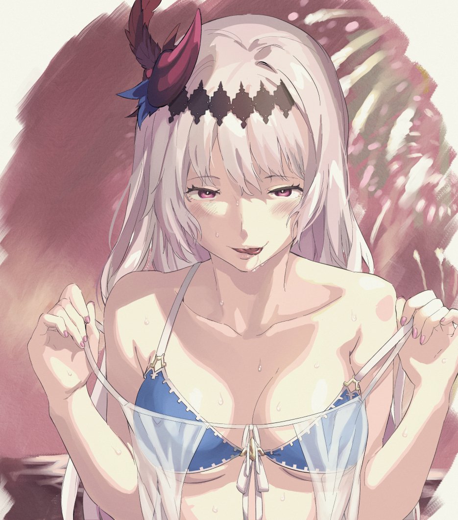 babydoll bare_shoulders bikini blush collarbone dark_jeanne drooling feathers granblue_fantasy hair_feathers hairband jeanne_d'arc_(granblue_fantasy) lavender_hair licking_lips long_hair looking_at_viewer nail_polish red_eyes saliva solo sunao_(souis) swimsuit tongue tongue_out wet