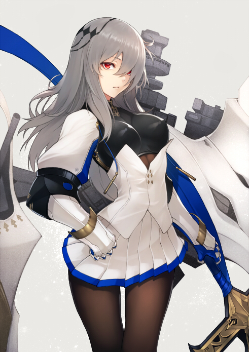 azur_lane banned_artist breasts brown_legwear closed_mouth corset cowboy_shot elbow_gloves gloves gradient gradient_background grey_background hair_over_one_eye hand_on_hip hand_on_own_chest impossible_clothes kyoeiki left-handed long_hair looking_at_viewer machinery medium_breasts pantyhose pleated_skirt puffy_short_sleeves puffy_sleeves red_eyes rigging saint-louis_(azur_lane) short_sleeves silver_hair skirt small_breasts solo standing thigh_gap very_long_hair white_gloves white_skirt