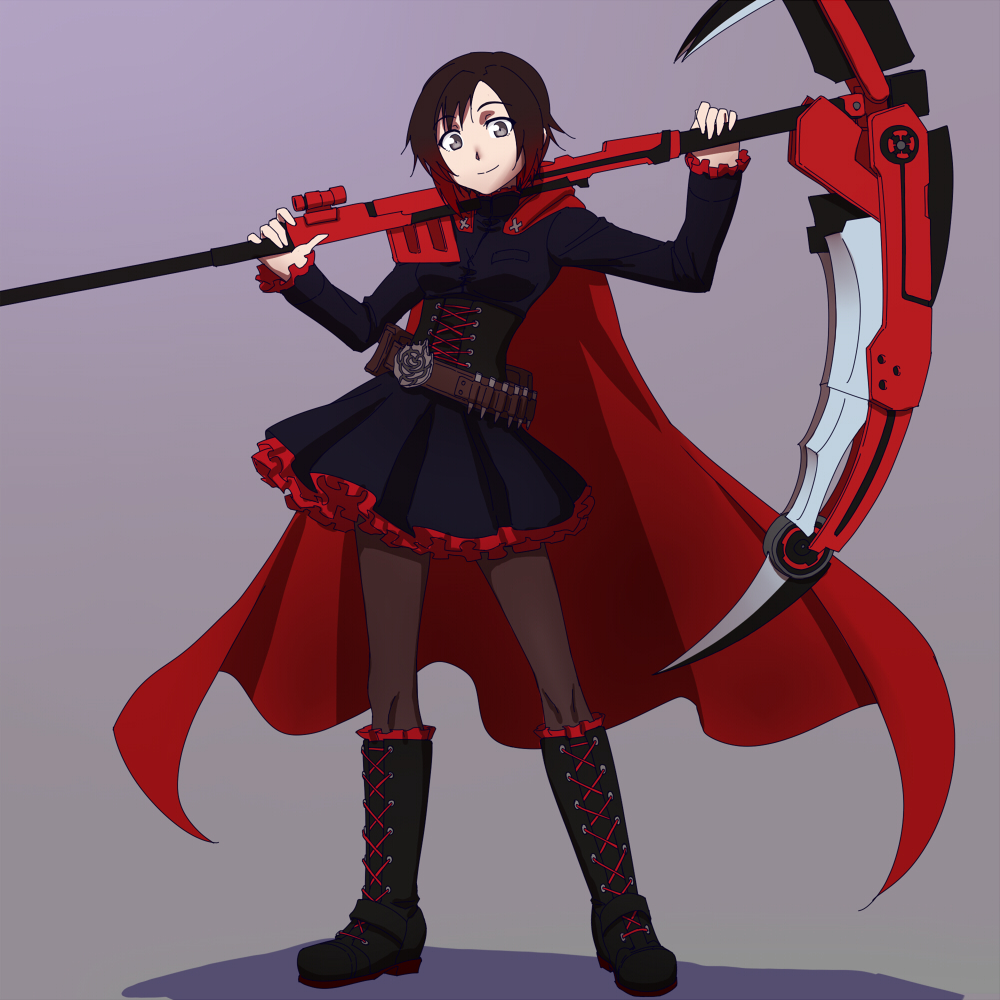 1girl black_dress black_eyes black_hair boots breasts cape cloak corset crescent_rose dress frilled_dress frills full_body hood hooded_cloak medium_breasts red_cape red_hair ruby_rose rwby scythe short_hair silver_eyes smile solo standing thighhighs
