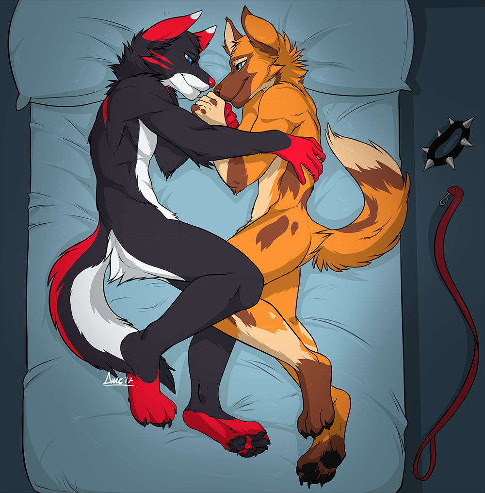 african_wild_dog angiewolf anthro bed blue_eyes canine claws collar cuddling duo fur leash love lying male male/male mammal pawpads paws piercing romantic_couple toe_claws toes wolf