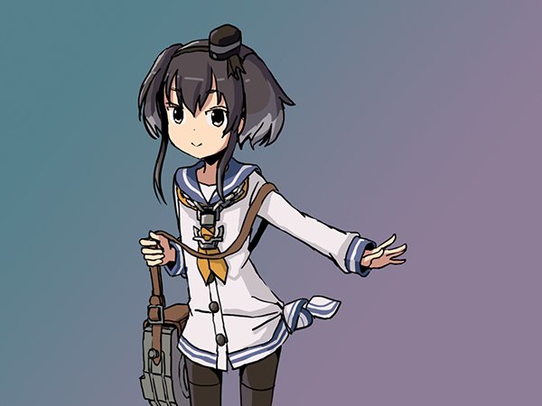 adrian_ferrer black_hair brown_eyes commentary dress english_commentary gradient gradient_background gradient_hair grey_hair hat kantai_collection mini_hat multicolored_hair neckerchief pantyhose sailor_collar sailor_dress shirt short_hair_with_long_locks smile solo tied_shirt tokitsukaze_(kantai_collection)