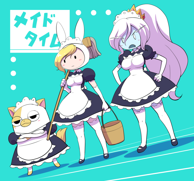 adventure_time alternate_costume animal_ears animal_hood apron bangs black_dress black_footwear blonde_hair breasts bucket bunny_ears bunny_hood cake_(adventure_time) cat collared_dress crossed_arms d: dress elbow_gloves enmaided eyebrows eyebrows_visible_through_hair fangs fionna_the_human_girl frown genderswap genderswap_(ftm) gloves hair_between_eyes hands_on_hips high_ponytail holding holding_bucket hood ice_queen large_breasts legs_apart long_hair maid maid_apron maid_headdress mary_janes medium_breasts mop multiple_girls nollety open_mouth over_shoulder puffy_short_sleeves puffy_sleeves shoes short_sleeves solid_oval_eyes standing thighhighs white_apron white_gloves white_hair zettai_ryouiki