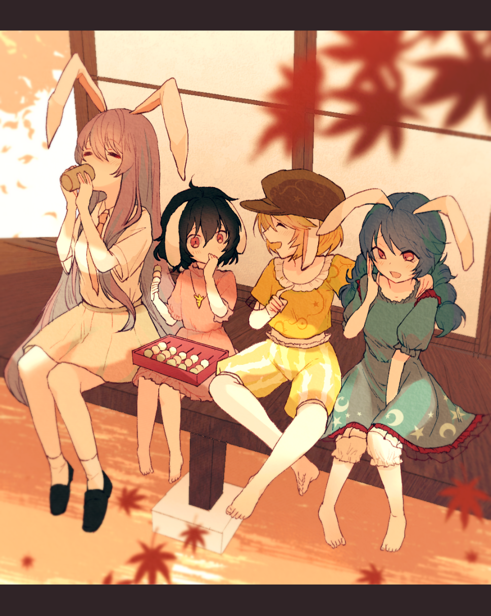 ahoge animal_ears autumn_leaves bad_id bad_pixiv_id banned_artist bare_legs barefoot between_legs black_footwear black_hair blonde_hair bloomers blue_dress blue_hair brown_hat bunny_ears cabbie_hat carrot_necklace closed_eyes collared_shirt commentary_request cup dango dress drinking floppy_ears food hair_between_eyes hand_between_legs hands_up hat highres holding holding_cup inaba_tewi long_hair low_twintails miniskirt multiple_girls necktie outdoors pink_dress pointing puffy_short_sleeves puffy_sleeves purple_hair red_eyes red_neckwear reisen_udongein_inaba ringo_(touhou) seiran_(touhou) shirt shoes short_hair short_sleeves shorts sitting skirt smile socks touhou towako_(10wk0) twintails underwear very_long_hair wagashi white_legwear white_shirt wing_collar yellow_shirt yellow_shorts