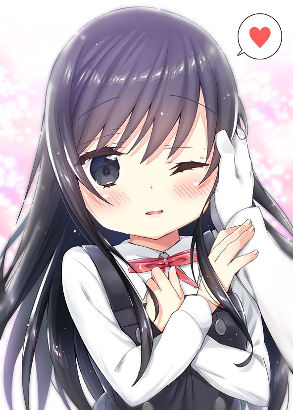 asashio_(kantai_collection) bangs black_dress black_eyes black_hair blush bow breasts collared_shirt commentary_request dress eyebrows_visible_through_hair fingernails gloves hair_between_eyes hand_on_another's_cheek hand_on_another's_face heart k_hiro kantai_collection long_hair long_sleeves one_eye_closed out_of_frame parted_lips pinafore_dress red_bow remodel_(kantai_collection) shirt small_breasts solo_focus spoken_heart very_long_hair white_gloves white_shirt