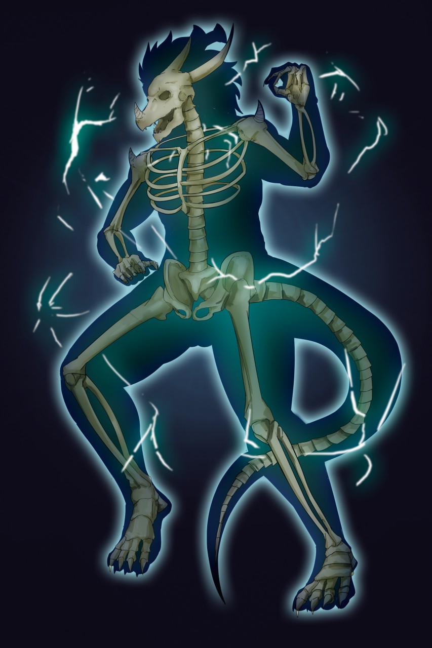 anthro bone dragon drum_(buddyfight) electrocution future_card_buddyfight male muscular skeleton solo source_request unknown_artist