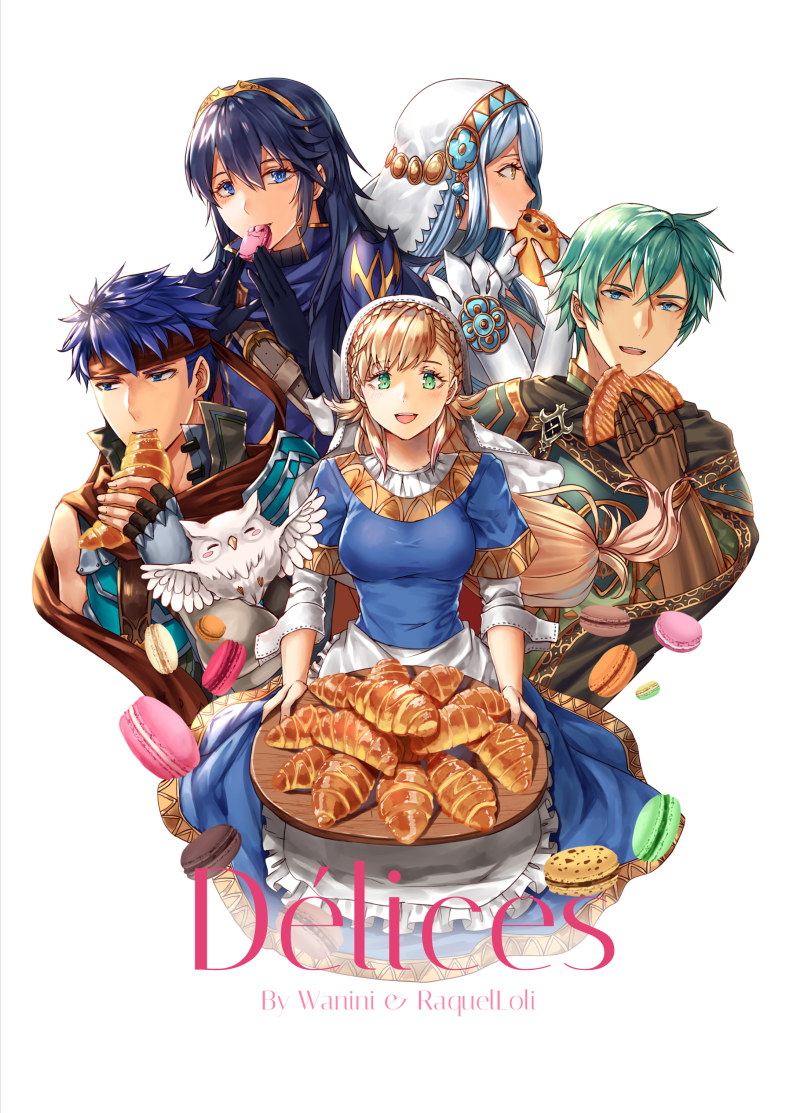 3girls apron aqua_(fire_emblem_if) bird blonde_hair blue_eyes blue_hair cape commentary croissant dress eating ephraim feh_(fire_emblem_heroes) fingerless_gloves fire_emblem fire_emblem:_akatsuki_no_megami fire_emblem:_kakusei fire_emblem:_seima_no_kouseki fire_emblem:_souen_no_kiseki fire_emblem_heroes fire_emblem_if food gloves green_eyes green_hair headband ike long_hair looking_at_viewer low-tied_long_hair lucina macaron multiple_boys multiple_girls open_mouth owl pastry sharena shoulder_armor simple_background smile wani_(fadgrith)