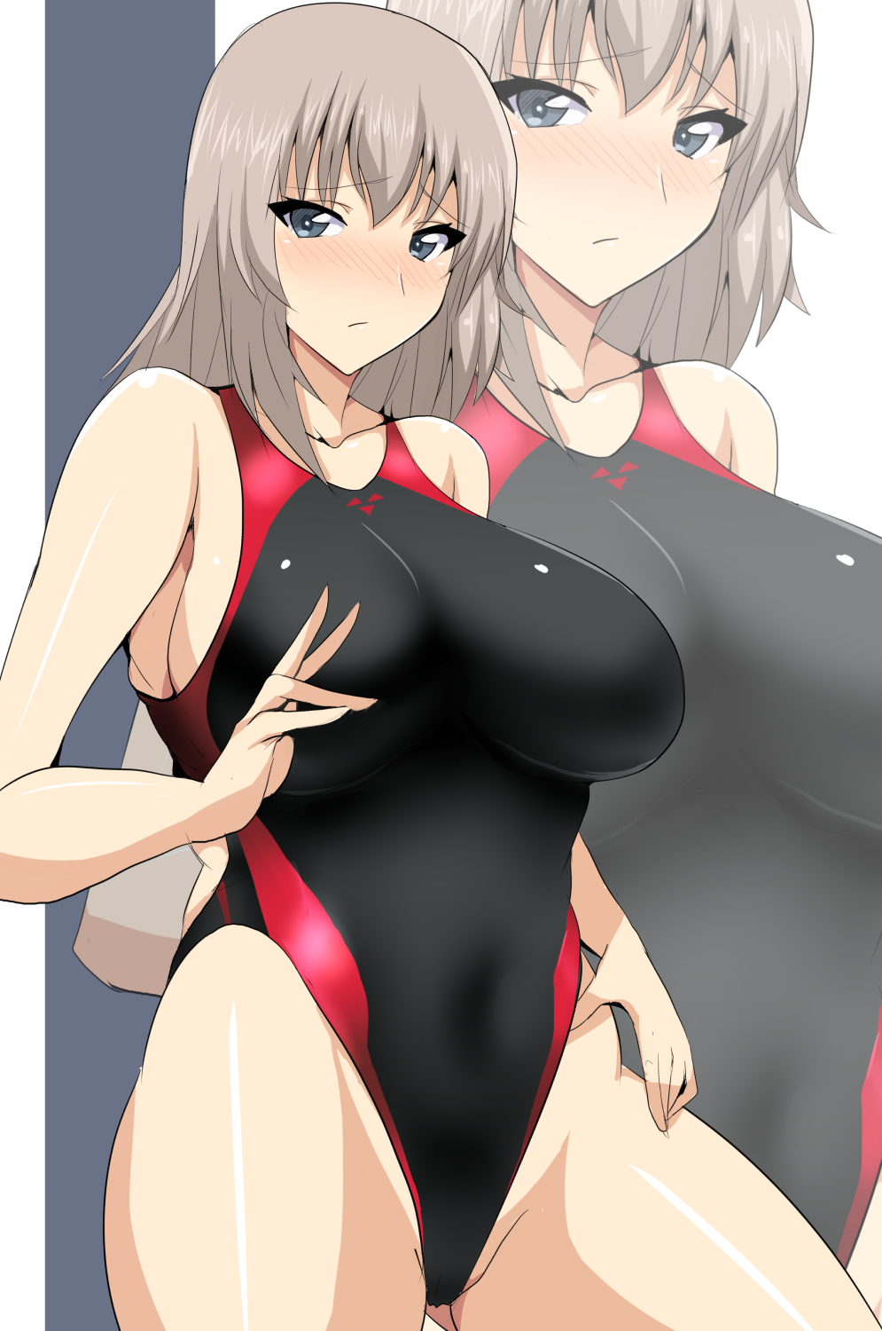 :/ ass_visible_through_thighs bangs bare_arms bare_shoulders black_swimsuit blush breasts closed_mouth collarbone competition_swimsuit cowboy_shot eyebrows_visible_through_hair girls_und_panzer grey_hair hand_up highleg highleg_swimsuit highres itsumi_erika koujun_(mugenzero) large_breasts long_hair nose_blush one-piece_swimsuit raised_eyebrows shiny shiny_skin solo standing swimsuit tsurime two-tone_background