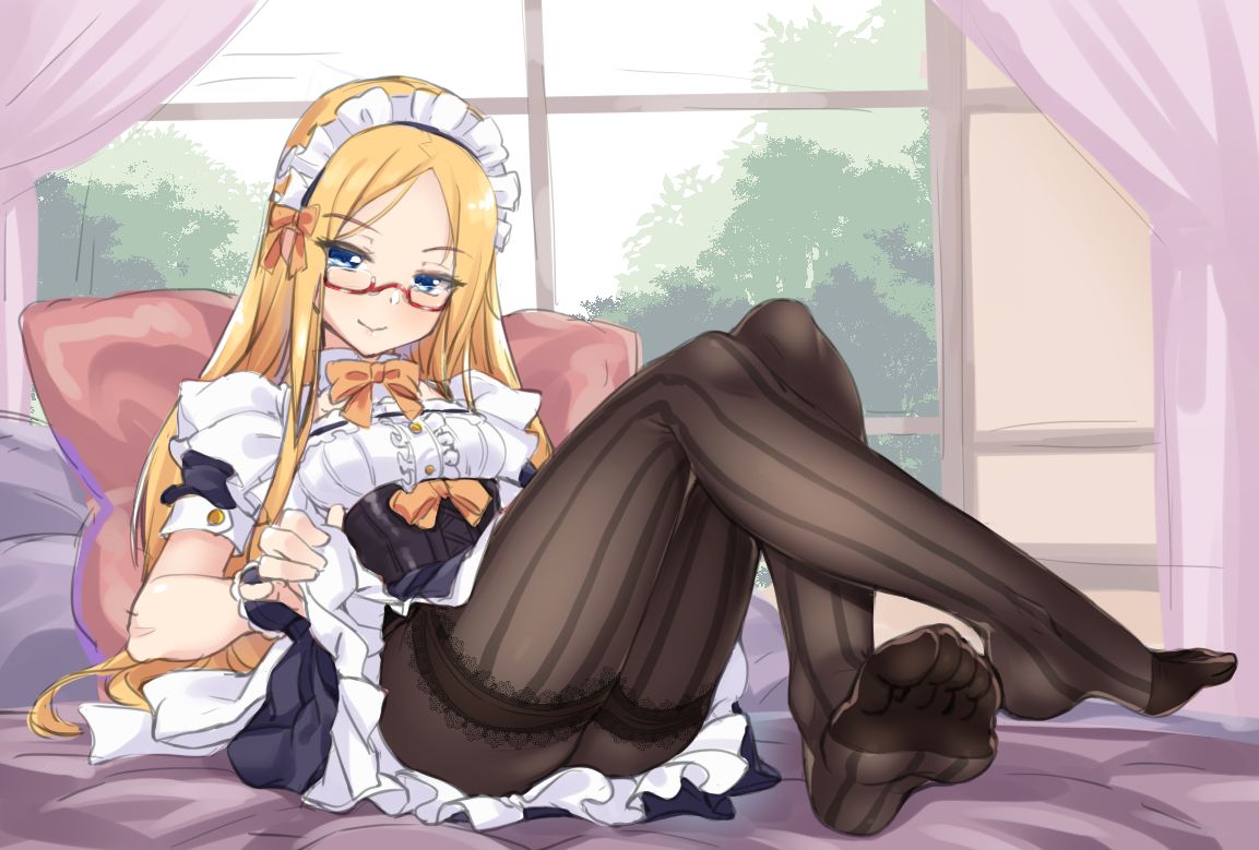 1girl abigail_williams_(fate/grand_order) bed blonde_hair blue_eyes fate/grand_order fate_(series) feet glasses long_hair looking_at_viewer maid maid_headdress no_shoes pantyhose smile soles toes