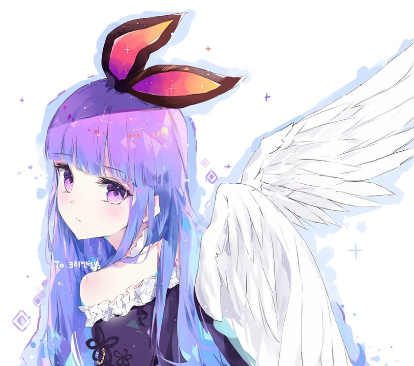 angel_wings bangs bare_shoulders blue_hair blunt_bangs blush choker closed_mouth commission expressionless eyebrows_visible_through_hair feathered_wings frills from_behind gradient_hair hair_ribbon looking_at_viewer looking_back multicolored_hair off_shoulder original pink_ribbon purple_eyes purple_hair ribbon shiny shiny_hair simple_background solo tr_(hareru) upper_body white_background white_choker white_wings wings