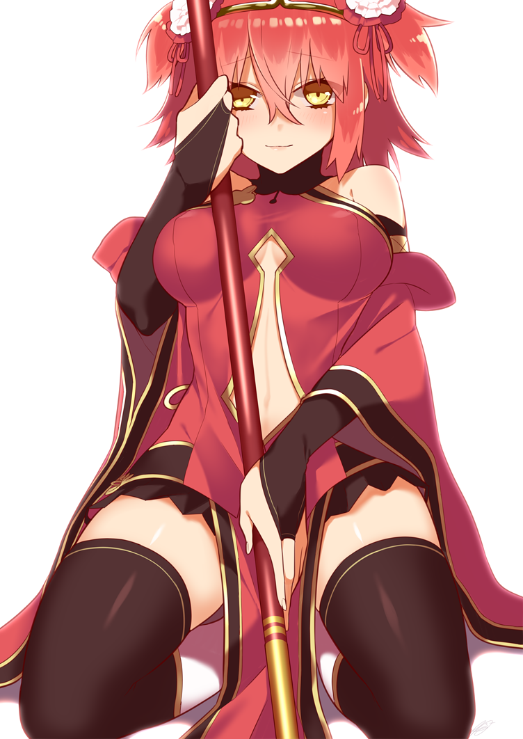 alternate_hairstyle black_legwear blush breasts center_opening chinese_clothes cosplay eyebrows_visible_through_hair fate/grand_order fate_(series) flower fujimaru_ritsuka_(female) hair_between_eyes hair_flower hair_ornament hair_ribbon holding looking_at_viewer medium_breasts orange_hair ribbon rkp seiza short_hair simple_background sitting skirt solo sun_wukong sun_wukong_(cosplay) thighhighs two_side_up white_background wide_sleeves yellow_eyes