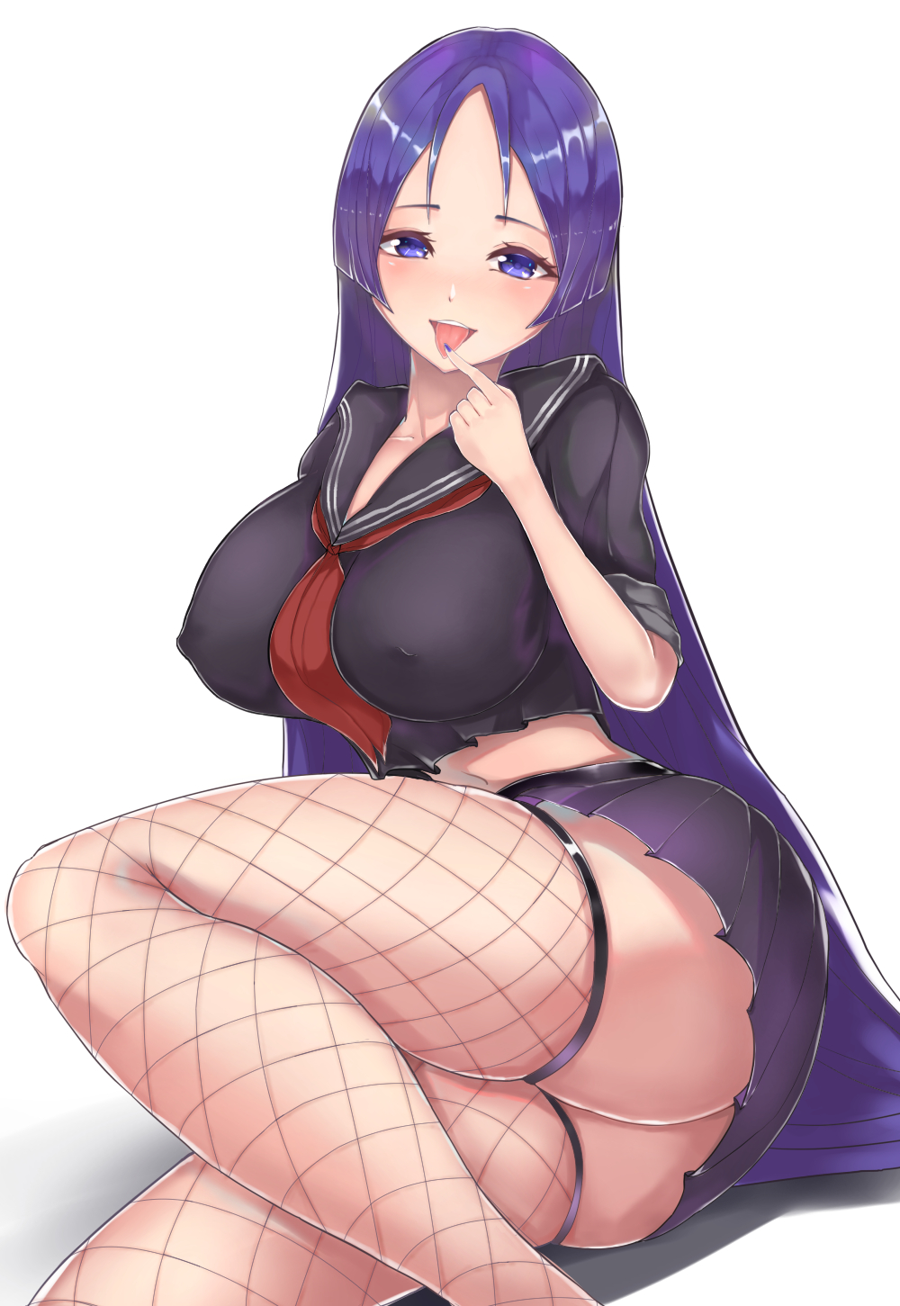 ass black_serafuku blue_eyes breasts commentary_request covered_nipples fate/grand_order fate_(series) fishnet_legwear fishnets highres large_breasts long_hair looking_at_viewer minamoto_no_raikou_(fate/grand_order) mutsu_ane_daisuki pleated_skirt purple_hair sailor_collar school_uniform serafuku simple_background sitting skirt smile solo tongue tongue_out very_long_hair white_background