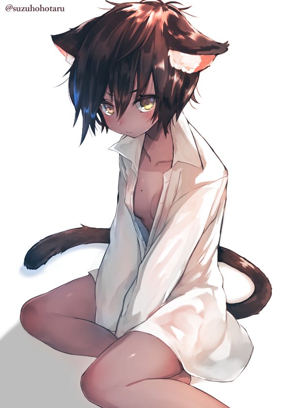 animal_ears bangs blush breasts brown_hair cat_ears cat_girl cat_tail closed_mouth collarbone commentary_request dress_shirt ears_down feet_out_of_frame hair_between_eyes jpeg_artifacts long_sleeves looking_at_viewer mole mole_on_breast naked_shirt original partially_unbuttoned shadow shirt short_hair simple_background sitting small_breasts solo suzuho_hotaru tail twitter_username v_arms white_background white_shirt wing_collar yellow_eyes yokozuwari
