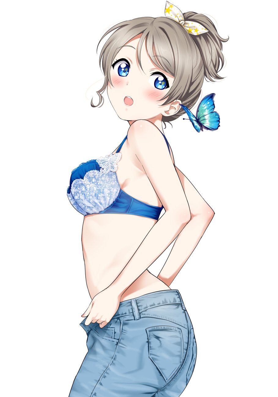bangs blue_bra blue_eyes blush bra breasts brown_hair bug butterfly denim eyebrows_visible_through_hair hair_ribbon hair_tie highres insect jeans lace lace-trimmed_bra love_live! love_live!_sunshine!! medium_breasts pants ribbon rozen5 short_hair simple_background solo unbuttoning underwear watanabe_you white_background