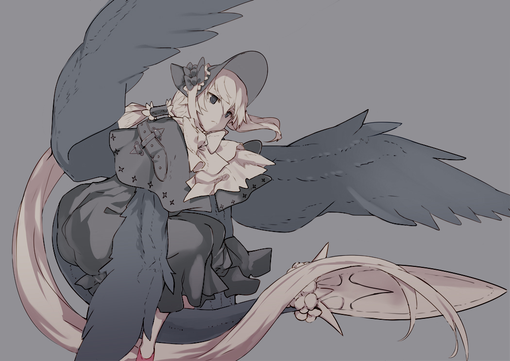 bangs black_dress bonnet capelet closed_mouth dress grey_background grey_capelet grey_eyes grey_hat hair_between_eyes light_brown_hair limited_palette long_hair low_ponytail multiple_wings original red_footwear shiromiso simple_background solo tail very_long_hair wings