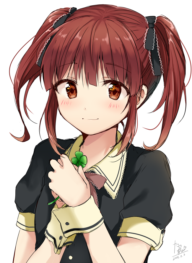 black_ribbon blush brown_eyes brown_hair clover collared_shirt dated eyebrows_visible_through_hair four-leaf_clover hair_ribbon holding_clover idolmaster idolmaster_cinderella_girls lace lace-trimmed_ribbon necktie ogata_chieri ribbon shirt short_sleeves sidelocks signature simple_background sketch smile solo tarachine twintails upper_body white_background wrist_cuffs