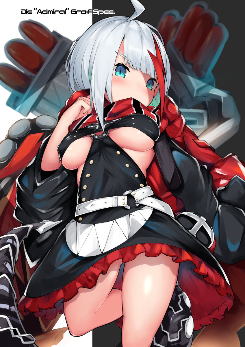 admiral_graf_spee_(azur_lane) ahoge ass_visible_through_thighs azur_lane bangs black_background black_dress blue_eyes blunt_bangs blush breasts character_name cisyo closed_mouth commentary_request dress eyebrows_visible_through_hair highres large_breasts long_sleeves looking_at_viewer multicolored_hair o-ring red_hair scarf silver_hair solo standing standing_on_one_leg streaked_hair torpedo torpedo_launcher two-tone_background underboob white_background