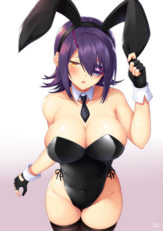 animal_ears bangs black_leotard blush breasts bunny_ears bunny_girl bunnysuit cleavage collarbone commentary commentary_request detached_collar eyebrows_visible_through_hair eyepatch hair_between_eyes hips horosuke_(toot08) kantai_collection large_breasts leotard looking_at_viewer necktie open_mouth purple_hair short_hair solo strapless strapless_leotard tenryuu_(kantai_collection) thighhighs thighs yellow_eyes