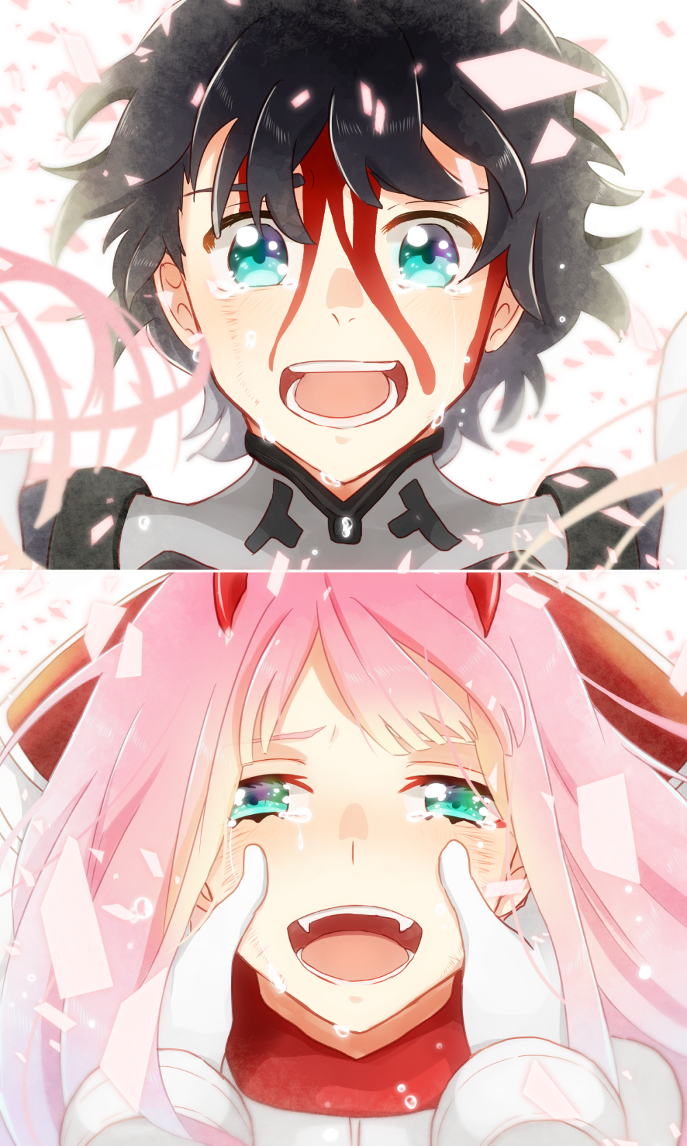 1girl bangs black_hair blood blood_on_face bodysuit commentary couple crying crying_with_eyes_open darling_in_the_franxx gloves green_eyes happy happy_tears hetero highres hiro_(darling_in_the_franxx) horns long_hair open_mouth pilot_suit pink_hair red_bodysuit short_hair smile tears temaroppu_(ppp_10cc) zero_two_(darling_in_the_franxx)