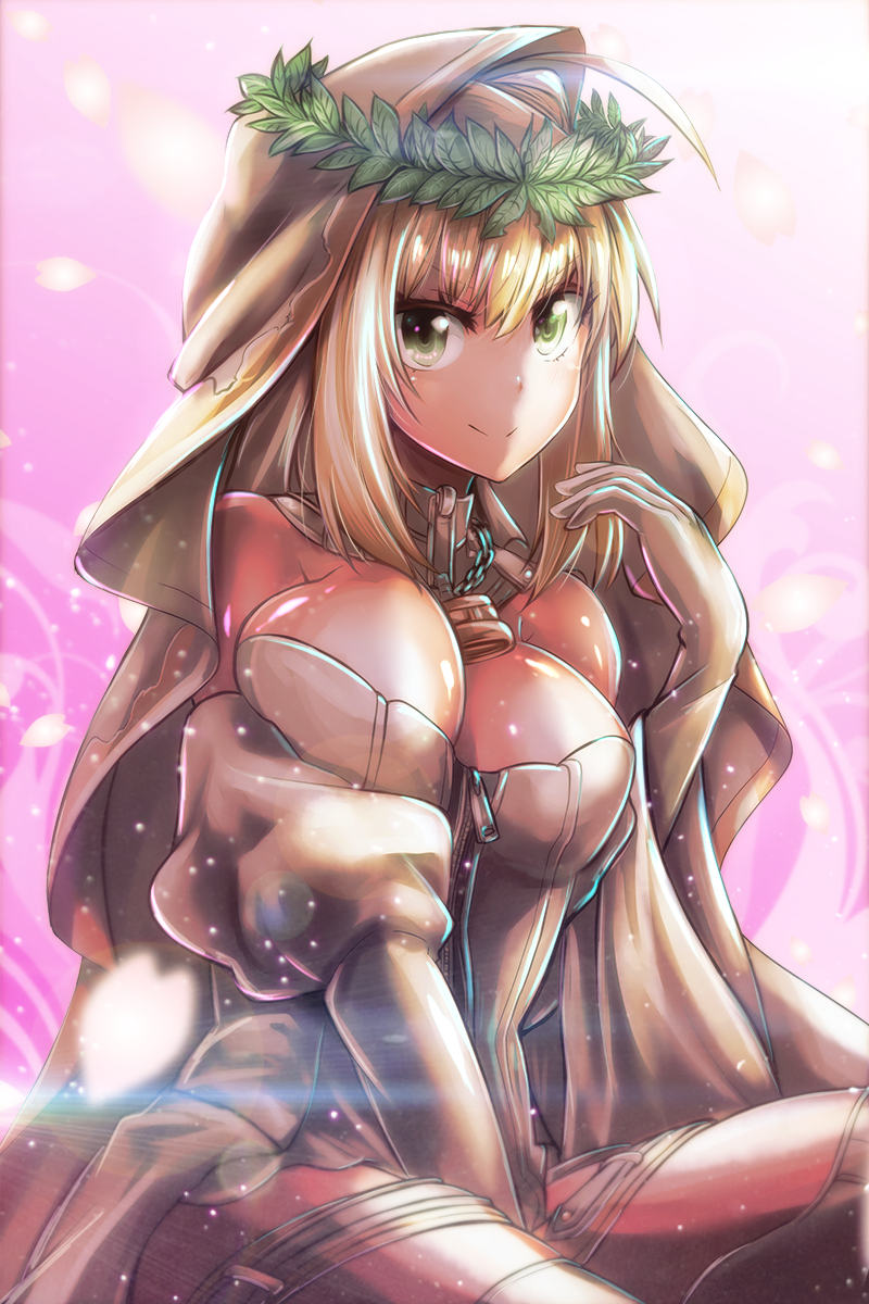 ahoge bangs between_legs blonde_hair breasts bridal_veil chain closed_mouth detached_sleeves elbow_gloves eyebrows eyebrows_visible_through_hair fate/extra fate/extra_ccc fate_(series) full-length_zipper gloves green_eyes hair_between_eyes hair_intakes hand_between_legs head_wreath highres leaf leotard light_particles lock long_hair long_sleeves medium_breasts nero_claudius_(bride)_(fate) nero_claudius_(fate)_(all) petals puffy_long_sleeves puffy_sleeves smile solo strapless strapless_leotard thigh_strap thighhighs tom_(drpow) v-shaped_eyebrows veil white_gloves white_legwear white_leotard white_sleeves wide_sleeves zipper zipper_pull_tab