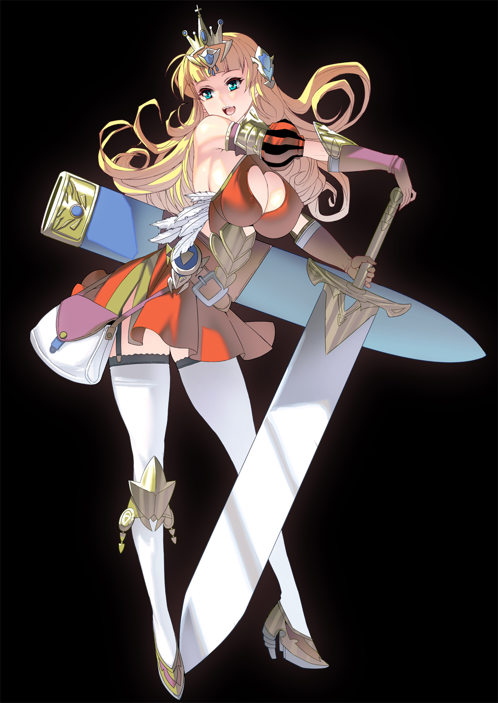 bag bare_shoulders blonde_hair breasts cleavage commentary_request crown curvy dress gloves green_eyes high_heels highres large_breasts long_hair masao open_mouth original plump princess sleeveless solo sword thighhighs weapon