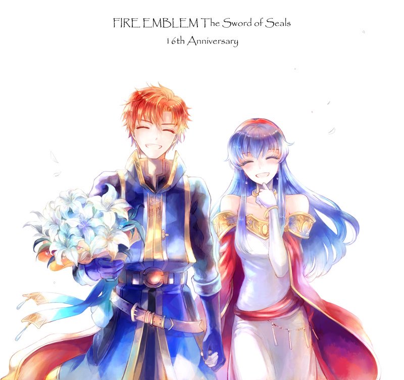 1girl anniversary bare_shoulders blue_eyes blue_hair blush cape couple dress fire_emblem fire_emblem:_fuuin_no_tsurugi fire_emblem:_rekka_no_ken gloves hair_ornament hat headband hetero kuzumosu lilina long_hair looking_at_viewer open_mouth red_hair roy_(fire_emblem) short_hair simple_background smile