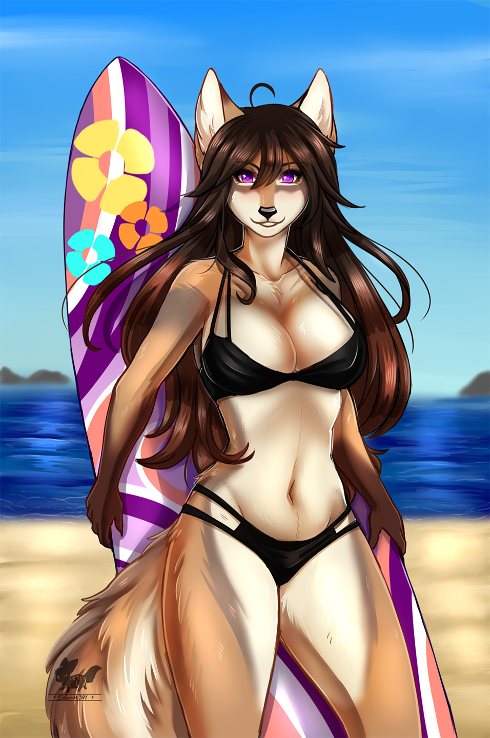 2018 anthro beach black_nose breasts canine clothed clothing day detailed_background digital_media_(artwork) female mammal midriff navel outside purple_eyes sdark391 seaside sky solo wolf