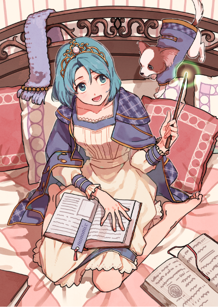 :d animal barefoot blue_eyes blue_hair book cape commentary_request copyright_request crown dog dress eyebrows_visible_through_hair fingernails holding long_sleeves magic on_bed open_book open_mouth pillow short_hair sitting smile solo sonomura wand wariza yellow_dress