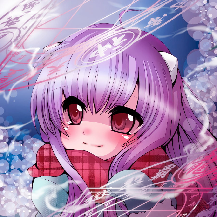 bad_id bad_pixiv_id bangs blue_jacket blue_mittens blush closed_mouth commentary_request eyebrows_visible_through_hair fur-trimmed_mittens fur_trim hair_between_eyes jacket long_hair looking_away looking_to_the_side magic_circle mittens muuran original plaid plaid_scarf purple_hair red_eyes red_scarf scarf smile solo unmoving_pattern