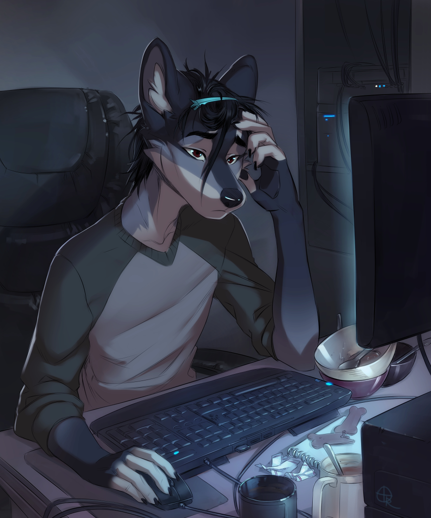 2018 5_fingers anthro black_hair black_nose blue_fur canine clothed clothing computer computer_mouse cup detailed_background digital_media_(artwork) dog fur hair inner_ear_fluff keyboard male mammal orphen-sirius red_eyes sitting white_fur