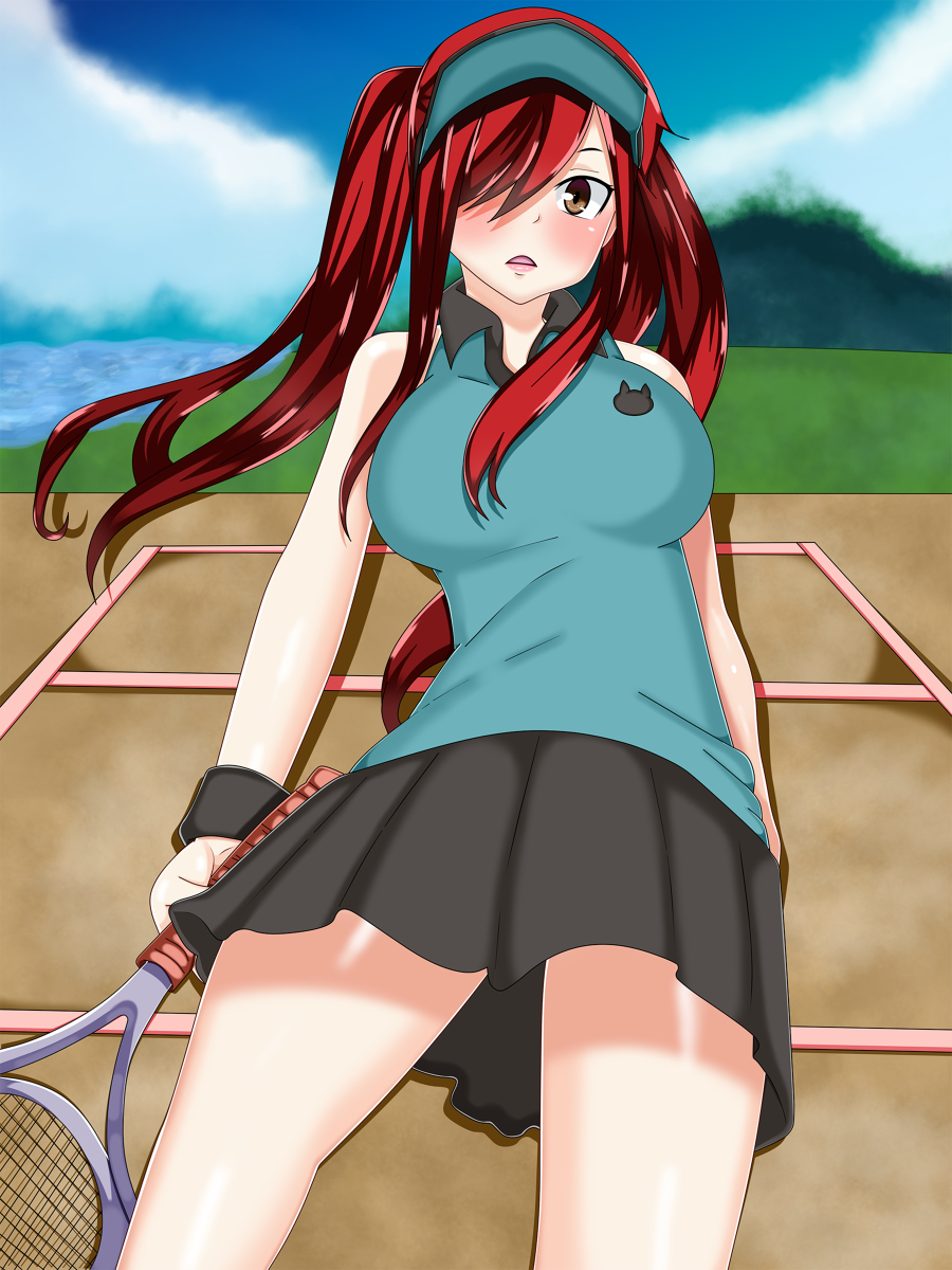 blush erza_scarlet fairy_tail racket red_hair skirt