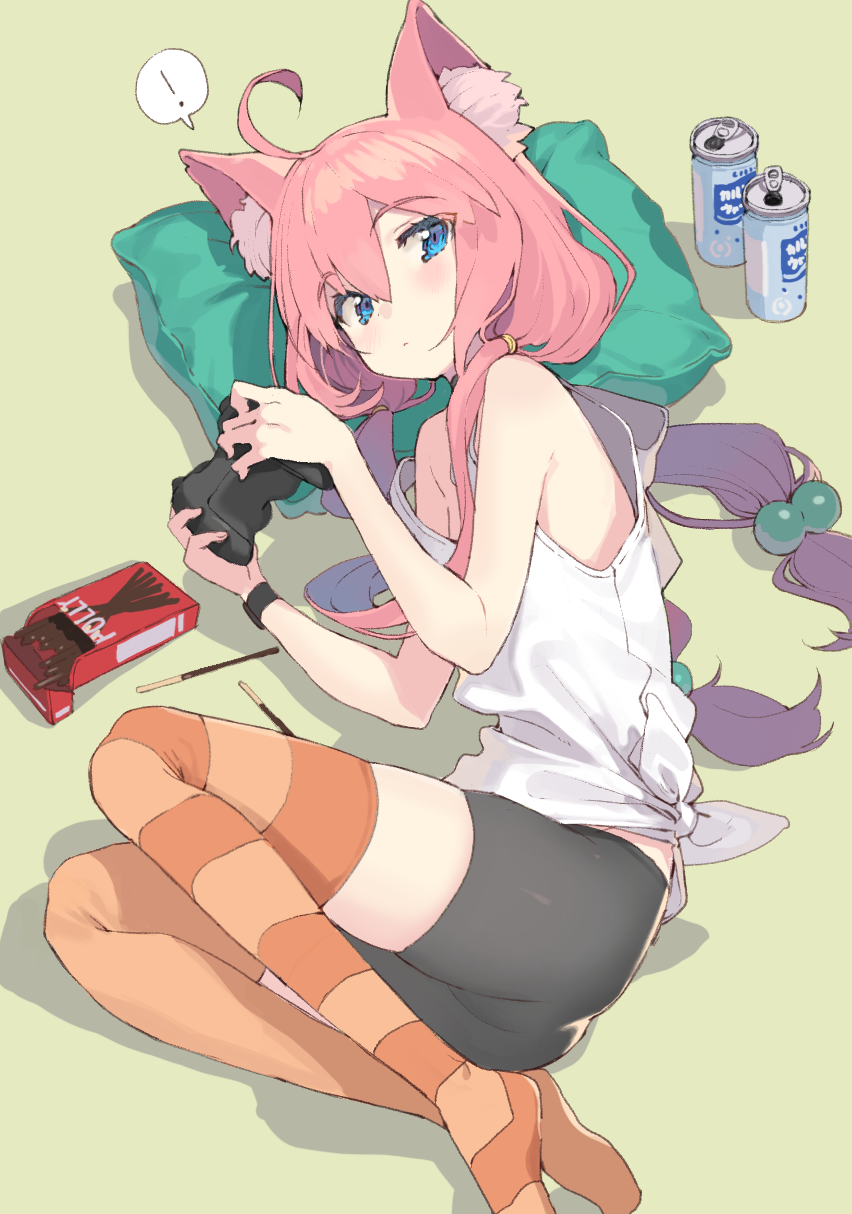 1girl ahoge animal_ear_fluff animal_ears ass bad_id bad_pixiv_id bangs bike_shorts black_shorts blue_eyes blush can cat_ears closed_mouth commentary_request controller eyebrows_visible_through_hair food game_controller hair_between_eyes hair_bobbles hair_ornament highres hinata_channel holding kanzarin_(hoochikiss) long_hair looking_at_viewer looking_to_the_side looking_up low_twintails lying mismatched_legwear nekomiya_hinata no_shoes on_side orange_legwear pillow pink_hair pocky short_shorts shorts solo speech_bubble spoken_exclamation_mark striped striped_legwear tank_top thighhighs twintails very_long_hair virtual_youtuber white_tank_top