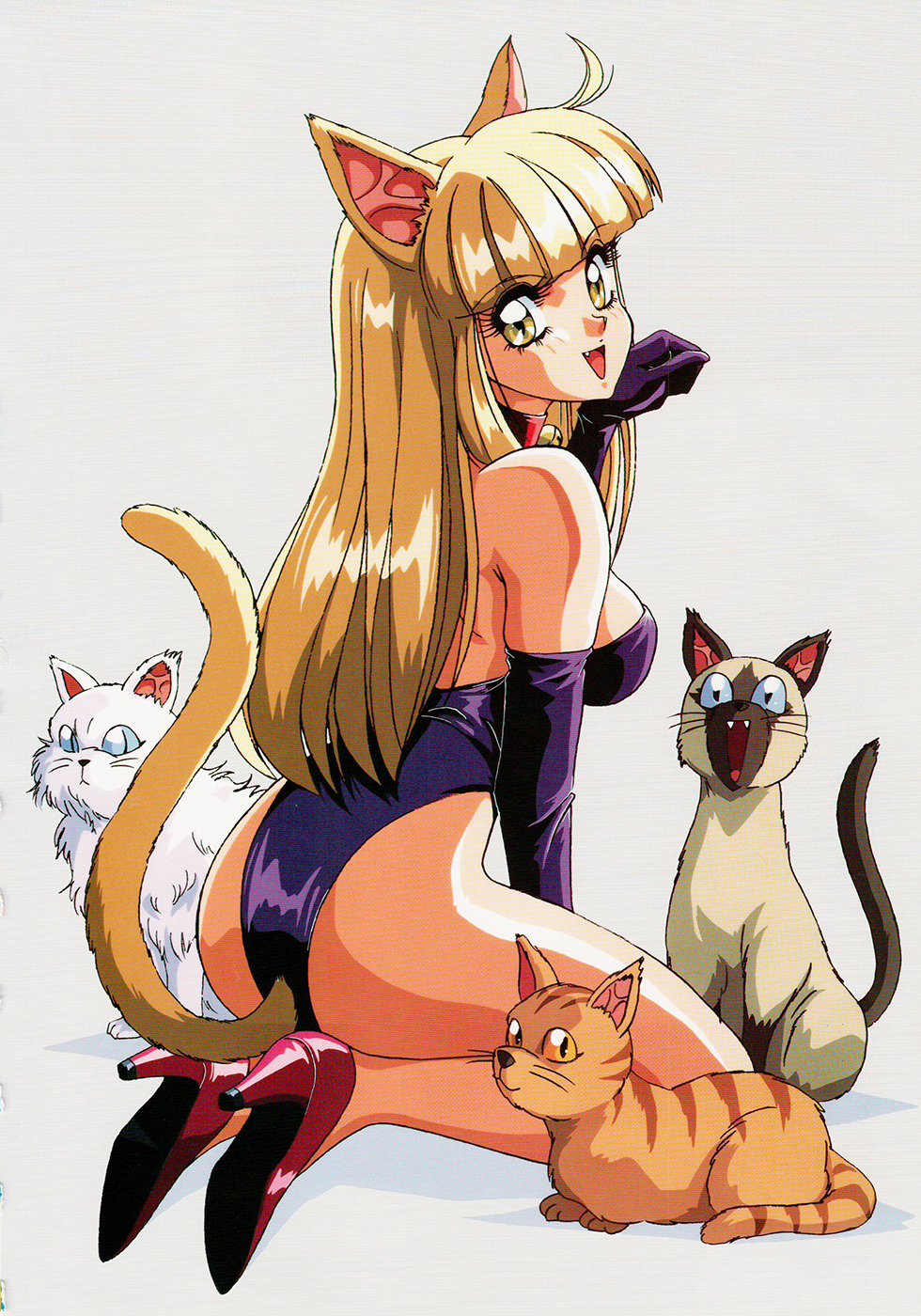 animal_ears ass bangs barefoot bell bell_collar blonde_hair blunt_bangs cat_ears cat_tail collar elbow_gloves eyebrows_visible_through_hair fang gloves high_heels highres kittysuit leotard long_hair looking_at_viewer mon_mon original paw_pose pumps red_footwear scan simple_background solo tail tail_raised white_background yellow_eyes