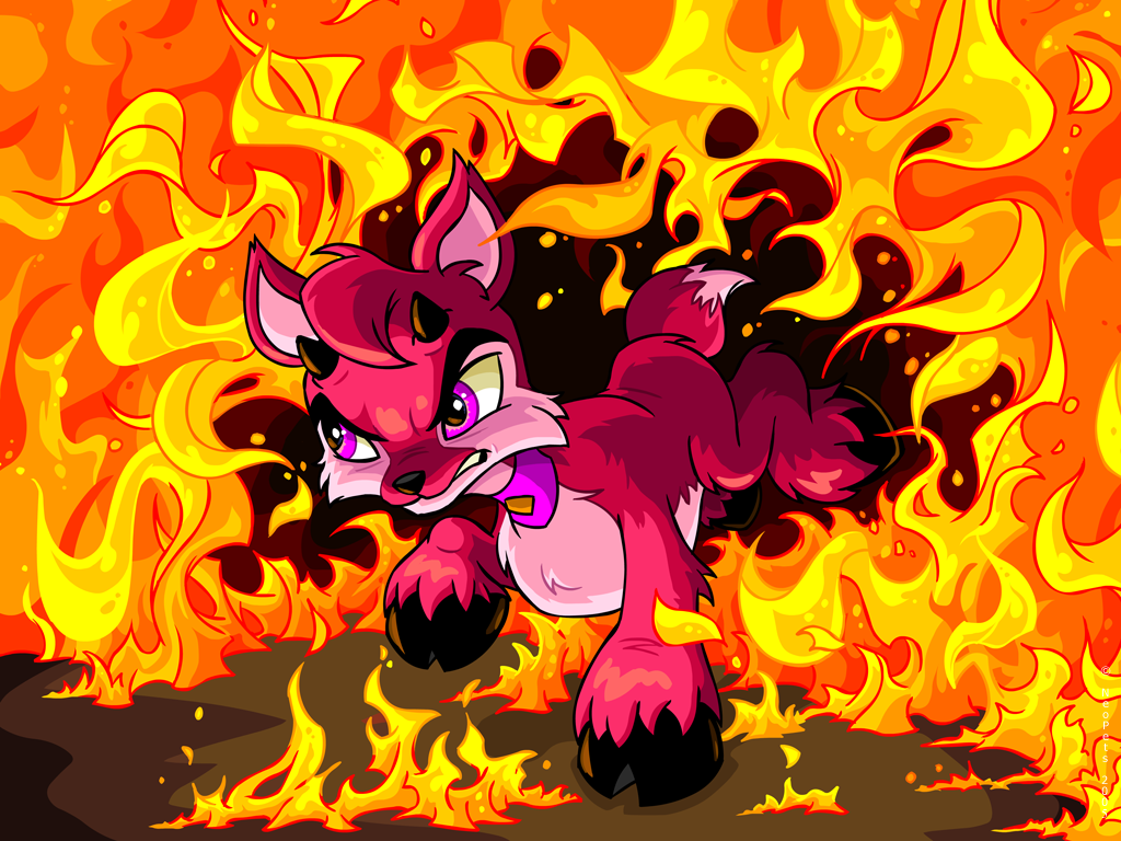2005 4:3 ambiguous_gender angry black_hooves black_horn collar countershading detailed_background digital_media_(artwork) feral fire fur head_tuft hooves horn ixi jumping neopets official_art pink_fur short_tail solo teeth unknown_artist