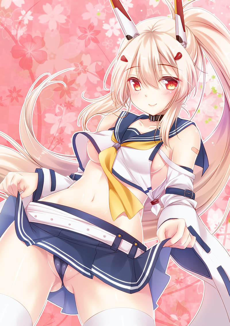 areola_slip areolae ayanami_(azur_lane) azur_lane bandaid_on_arm bangs bare_shoulders belt black_choker blue_panties blue_skirt blush breasts cameltoe choker closed_mouth collarbone commentary_request crop_top detached_sleeves eyebrows_visible_through_hair flower hair_between_eyes hair_ornament headgear high_ponytail lifted_by_self light_brown_hair long_hair long_sleeves looking_at_viewer medium_breasts midriff minakami_rinka navel panties partially_visible_vulva pink_flower pleated_skirt ponytail red_eyes ribbon-trimmed_sleeves ribbon_trim school_uniform serafuku shirt sidelocks skirt skirt_lift sleeveless sleeveless_shirt smile solo thighhighs underwear very_long_hair white_belt white_legwear white_shirt wide_sleeves yellow_neckwear
