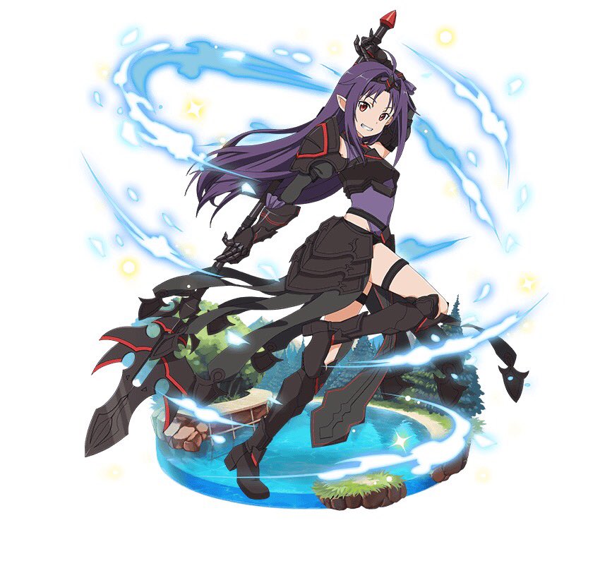 arm_up armor black_footwear boots breastplate detached_sleeves faux_figurine floating_hair from_side full_body gauntlets grin holding holding_weapon knee_boots leg_up leotard long_hair looking_at_viewer official_art pointy_ears polearm purple_hair purple_leotard red_eyes simple_background smile solo sword_art_online sword_art_online:_code_register thigh_strap very_long_hair weapon white_background yuuki_(sao)