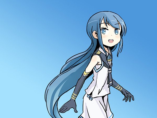 adrian_ferrer black_gloves blue_background blue_eyes blue_hair elbow_gloves from_side gloves gradient gradient_background kantai_collection long_hair looking_at_viewer open_mouth sailor_collar samidare_(kantai_collection) shirt sidelocks sleeveless sleeveless_shirt smile solo undershirt very_long_hair