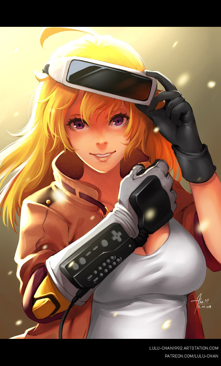 2018 adjusting_goggles alternate_costume black_gloves blonde_hair breasts cleavage dated gloves goggles goggles_on_head highres jacket letterboxed long_hair lulu-chan92 nintendo otaku power_glove prosthesis prosthetic_arm purple_eyes ready_player_one rwby smile solo vr_visor watermark web_address yang_xiao_long