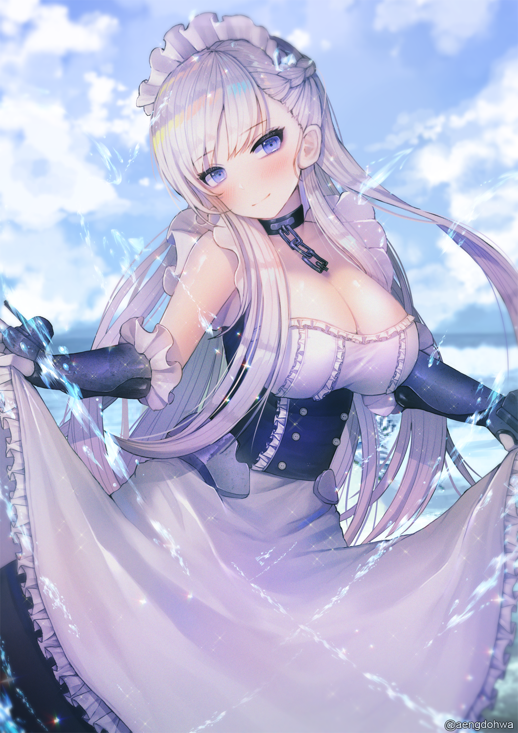 apron azur_lane bangs belfast_(azur_lane) blue_eyes blue_sky blush braid breasts chain choker cleavage closed_mouth cloud commentary_request cowboy_shot day dress elbow_gloves eyebrows_visible_through_hair floating_hair french_braid frilled_gloves frilled_sleeves frills gloves hanato_(seonoaiko) head_tilt highres large_breasts long_hair looking_at_viewer maid maid_headdress outdoors shiny shiny_skin sidelocks silver_hair skirt_hold sky smile solo sparkle splashing twitter_username water water_drop white_gloves