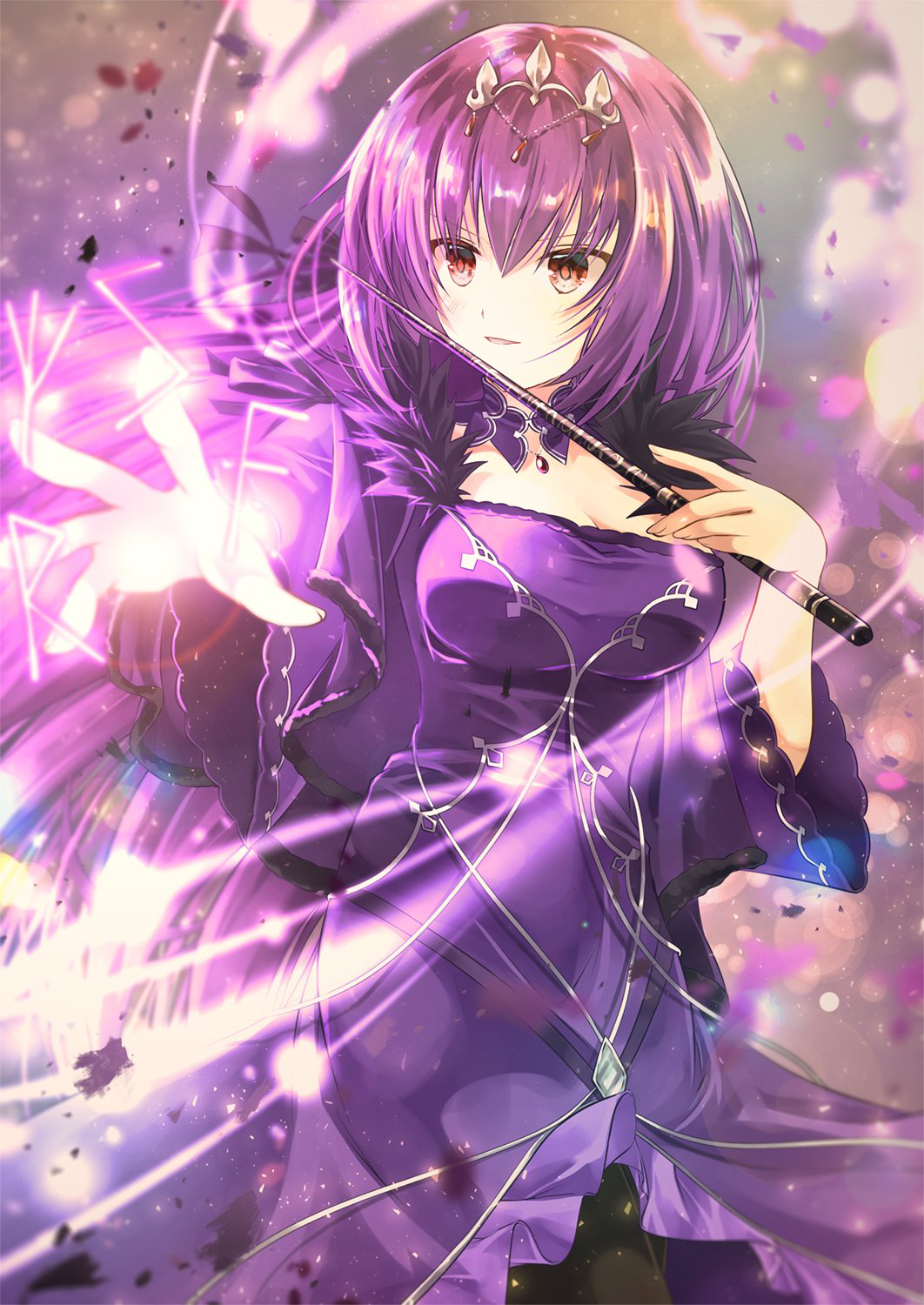 bangs breasts cleavage dress fate/grand_order fate_(series) fur_trim hair_between_eyes headpiece highres iroha_(shiki) jewelry long_hair open_mouth pantyhose purple_background purple_dress purple_hair red_eyes runes scathach_(fate)_(all) scathach_skadi_(fate/grand_order) solo tiara wand wide_sleeves