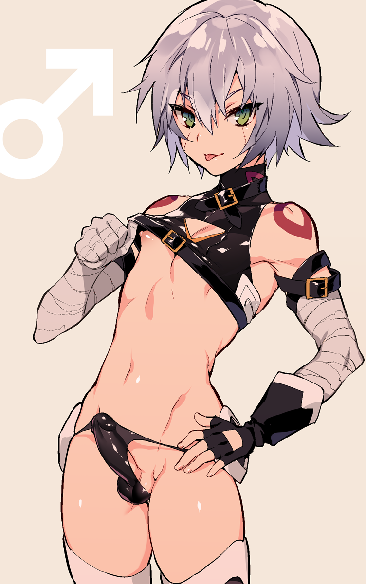 :p bandaged_arm bandages belt black_gloves black_panties bulge cowboy_shot crossdressing erection facial_scar fate/grand_order fate_(series) fingerless_gloves genderswap genderswap_(ftm) gloves green_eyes highres jack_the_ripper_(fate/apocrypha) male_focus mars_symbol navel nipples otoko_no_ko panties penis penis_in_panties scar short_hair silver_hair simple_background solo string_panties tank_top tattoo testicles tongue tongue_out tubumi underwear