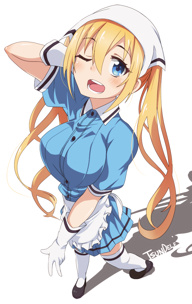 ;d apron arm_up black_footwear blend_s blue_dress blush breasts buttons collared_dress dress eyebrows eyebrows_visible_through_hair eyelashes frilled_apron frills from_above full_body gloves hair_between_eyes head_scarf highres hinata_kaho large_breasts long_hair one_eye_closed open_mouth pleated_dress shadow shoes simple_background smile solo stile_uniform teeth thighhighs tom_(drpow) tongue twintails very_long_hair waist_apron waitress white_apron white_background white_gloves white_legwear zettai_ryouiki