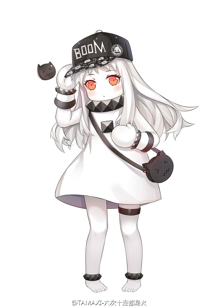 anklet barefoot baseball_cap black_hat blush bracelet closed_mouth collar dress enemy_aircraft_(kantai_collection) full_body hand_on_headwear hand_up hat jewelry kantai_collection long_hair looking_at_viewer mittens northern_ocean_hime orange_eyes pigeon-toed shinkaisei-kan simple_background sleeveless sleeveless_dress solo standing tamaxi weibo_username white_background white_dress white_hair white_skin