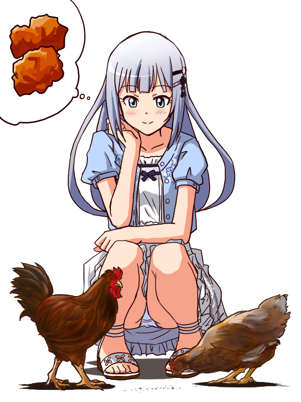 bangs bird blue_eyes blue_jacket blunt_bangs blush chicken chicken_nuggets closed_mouth collarbone dress dutch_angle eyebrows_visible_through_hair fried_chicken full_body hair_ornament hairclip hand_on_own_cheek idolmaster idolmaster_million_live! idolmaster_million_live!_theater_days jacket layered_dress lielos long_hair looking_down open_clothes open_jacket panties pantyshot pantyshot_(squatting) puffy_short_sleeves puffy_sleeves rooster sandals shiraishi_tsumugi short_sleeves silver_hair simple_background smile solo squatting thought_bubble unbuttoned underwear white_background white_dress white_footwear