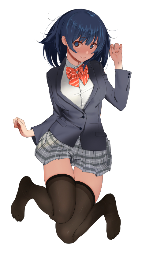 bad_id bad_pixiv_id bangs black_legwear blazer blouse blue_eyes blue_hair blush breasts closed_mouth commentary_request eyebrows_visible_through_hair full_body grey_skirt hand_up jacket large_breasts looking_at_viewer original plaid plaid_skirt pleated_skirt school_uniform senjitsu_musou simple_background skirt smile solo thighhighs thighs white_background white_blouse