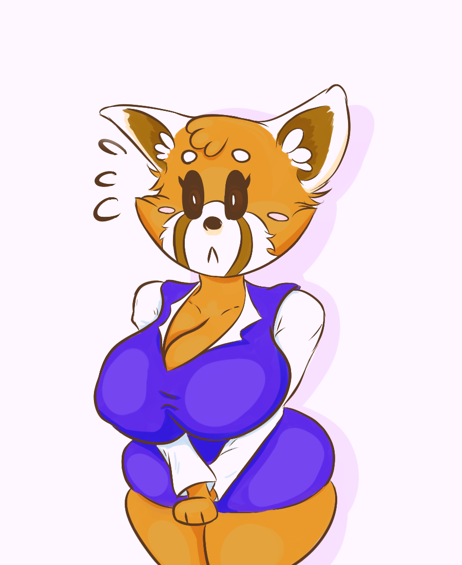 2018 aggressive_retsuko anthro big_breasts blush_sticker breasts brown_fur cleavage clothed clothing female fur mammal multicolored_fur red_panda retsuko simple_background skirt sluttyslicker_(artist) solo sweat white_background white_fur